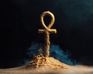 Aufkleber - Mystical Metaverse Design Golden Ankh Emerging from Surreal Sand - Immersive Egyptian Mythology Digital Art and Next-Gen Creative Storytelling