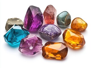 Poster - Collection of Colorful Gemstones and Minerals Displaying Various Cuts and Hues on a White Background