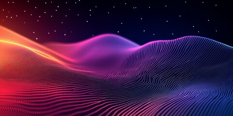 Poster - colorful digital waves in a futuristic night landscape with starscape