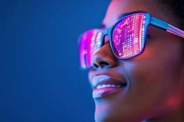 Poster - Cybersecurity Meets Neo-Digital Aesthetics Vibrant Millennial Tech Professional Visualizing Cloud Data Protection with Innovative AR-Inspired Glasses