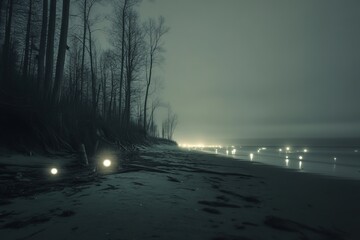 Poster - A serene beach scene at night, featuring glowing lights along the water's edge, silhouetted trees, and a mystical atmosphere enhanced by fog.