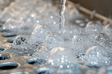 Poster - Captivating Close Up of Sparkling Water Bubbles Forming on Perforated Metal Surface with Dynamic Water Stream in Silver Tones