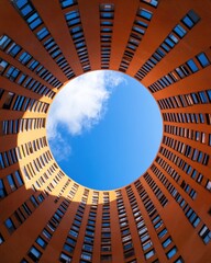 Aufkleber - Radiant Urban Symmetry Innovative Architectural Perspective Revealing Sky-High Design, Modern Minimalist Geometric Narrative in Sunburst Composition