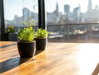 Aufkleber - Urban Micro-Farming Renaissance Sleek Wooden Workspace with Vibrant Microgreens and Panoramic Cityscape - Sustainable Wellness Design for Modern Professionals