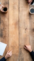 Aufkleber - Minimalist Collaborative Workspace Rustic Wooden Surface, Dynamic Team Interaction and Strategic Planning - Hybrid Work Productivity Insights for Modern Professionals