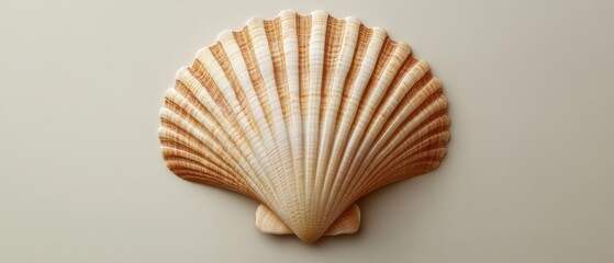Poster - Elegant Scallop Shell with Intricate Ribbed Texture on Neutral Background Capturing Marine Beauty and Coastal Serenity in a Studio Shot