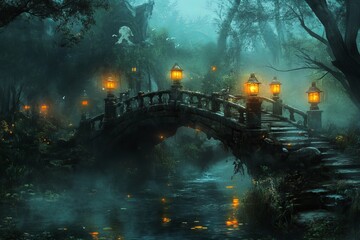 Poster - A captivating scene featuring a mystical bridge illuminated by glowing lanterns amidst a foggy forest, creating an enchanting atmosphere.