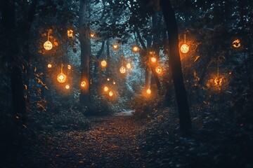 Poster - A serene forest path adorned with glowing lanterns, creating a magical atmosphere at dusk. The enchanting scene invites exploration and wonder.