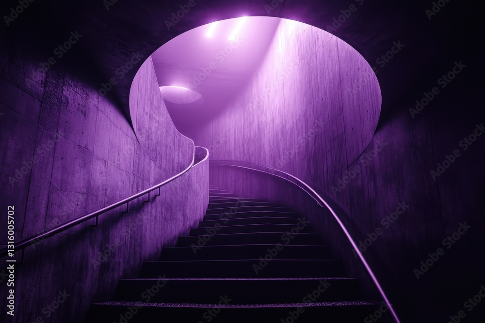 Mystical staircase in purple light ascending through a circular opening ...