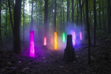 Poster - A captivating light installation among trees in a serene forest setting. Vibrant colors illuminate the misty surroundings, creating a mystical and tranquil ambiance.