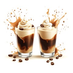 Poster - Iced Coffee Delight: Two Creamy Iced Coffees with Whipped Cream and Coffee Beans, Splashing Coffee Drizzle