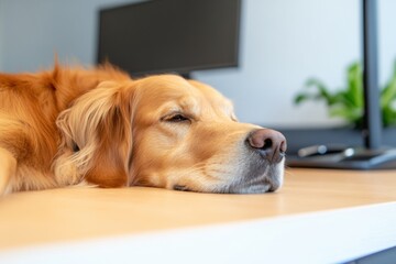 Poster - Wellness-Driven Workspaces Golden Retriever Embodying Mindful Productivity and Workplace Well-being in Modern Professional Environments