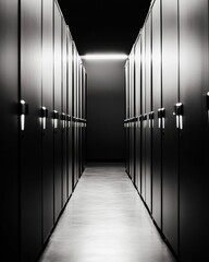 Poster - Cybersecurity Noir Minimalist Data Center Corridor - Sleek Industrial Surveillance Architecture Revealing Digital Infrastructure Resilience