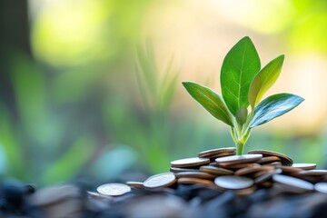 Poster - A small plant is growing on top of a pile of coins. The coins are arranged in a way that they are slightly overlapping each other, creating a sense of depth and texture