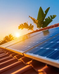 Poster - Eco-Innovative Solar Solutions Golden Hour Rooftop Renewable Energy Installation with Tropical Design Aesthetic - Sustainable Living and Climate-Smart Technology