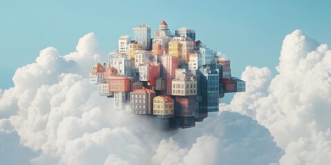 Poster - This stunning image depicts a whimsical floating city above soft clouds, showcasing vibrant buildings against a serene blue sky. Perfect for artistic and imaginative themes.