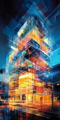 Poster - a vibrant representation of a smart building showcasing futuristic architecture and technology, emph