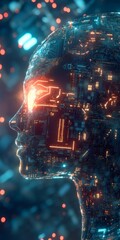 Poster - A captivating profile of a futuristic cybernetic head, illuminated by vibrant circuitry and glowing lights, symbolizing advancements in technology and artificial intelligence.