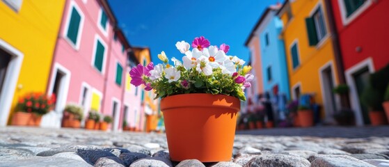 Poster - Vibrant Urban Escapism Colorful European Alleyway with Terracotta Flower Pot - Wanderlust Travel for Digital Nomads and Cultural Explorers