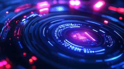 Poster - Explore a captivating abstract background featuring glowing neon circles that evoke a technological and futuristic atmosphere. Ideal for digital designs.