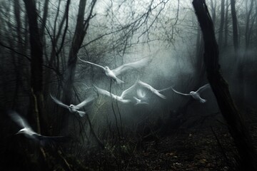 Poster - Ethereal Birds in Misty Forest with Atmospheric Mood and Depth