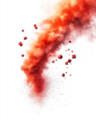 Poster - Dramatic red powder explosion with flying cubes against a clean white background creating a dynamic abstract design
