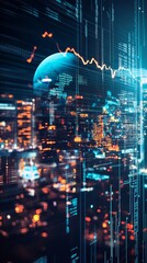 Poster - Futuristic Digital Cityscape with Data Networks and Glowing Elements
