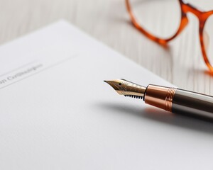Poster - Minimalist Legal Elegance Copper-Tone Fountain Pen on Pristine Document - Professional Workflow Precision for Modern Business Communication