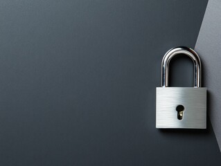 Poster - Minimalist Cybersecurity Mockup Sleek Silver Padlock on Navy Gradient - Innovative Data Protection and Digital Privacy Solution for Modern Enterprises