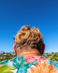 Poster - Vibrant Remote Work Lifestyle Millennial Digital Nomad in Tropical Print Shirt Embracing Location Independence and Creative Freedom Against Scenic Backdrop