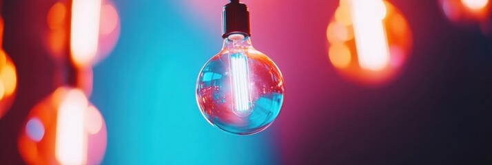 Poster - Vibrant Neon Luminescence Retro Edison Bulb in Chromatic Gradient - Creative Innovation and Aesthetic Lighting Design for Digital Branding