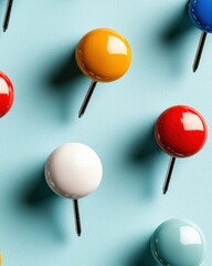 Poster - Minimalist Project Management Mockup Vibrant Glossy Pushpins on Pastel Blue - Creative Productivity and Strategic Planning Visual Content