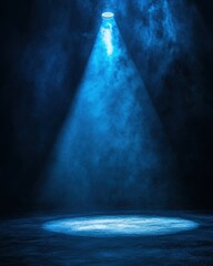 Poster - Dramatic blue spotlight illuminates empty stage with smoky atmosphere for performance or presentation