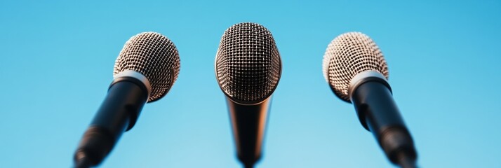 Poster - Minimalist Media Soundscape Professional Audio Broadcast Microphones Capturing Contemporary Communication Dynamics in High-Resolution Digital Storytelling