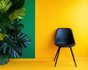 Poster - Vibrant Minimalist Design Contemporary Scandinavian Chair with Tropical Monstera Leaves - Bold Color Block Interior Styling for Modern Creative Spaces