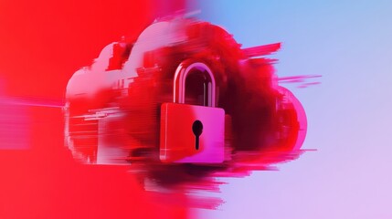 Poster - Cybersecurity Glitch Aesthetics Dynamic Cloud Data Protection Visualization with Distorted Digital Lock - Cutting-Edge Threat Visualization for Tech Innovators