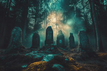 Poster - A captivating scene featuring ancient stones nestled in a foggy forest at sunrise. The interplay of light and shadow creates a mystical atmosphere, inviting exploration.