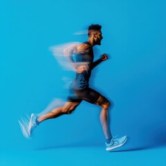 Poster - High-Performance Athletic Dynamism Cinematic Motion Blur Captures Gen Z Fitness Empowerment in Minimalist Blue Studio Environment