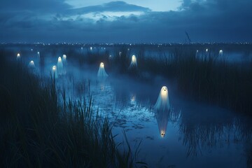 Poster - Glowing figures appear in a misty marsh during twilight, creating an ethereal atmosphere. The tranquil scene reflects a touch of mystery and beauty.