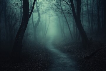 Poster - A mystical forest pathway engulfed in fog, showcasing tall trees creating a serene yet eerie atmosphere. This image invites exploration and evokes tranquility.