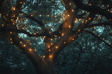 Poster - A serene night scene featuring a majestic tree adorned with warm fairy lights, creating an enchanting atmosphere in a peaceful outdoor setting, ideal for dreams.