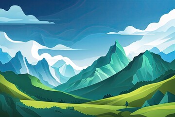 Poster - Vibrant Green Mountain Landscape Under Bright Blue Sky in Modern Nature Setting
