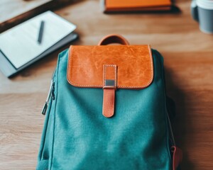 Poster - Urban Minimalist Backpack Teal and Terracotta Leather Hybrid Design for Modern Professionals - Sustainable Workspace Aesthetic and Productivity Essentials