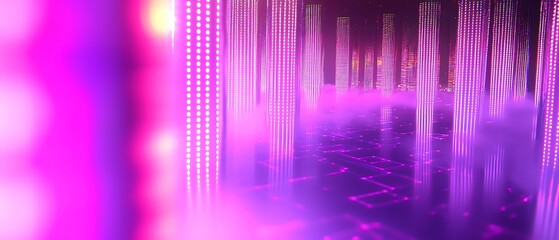 Poster - Abstract Futuristic Cityscape with Neon Lights and Foggy Atmosphere