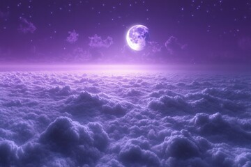 Wall Mural - Ethereal purple moonscape with soft clouds and starry sky creating a dreamy celestial atmosphere and otherworldly vista for serene stock photography