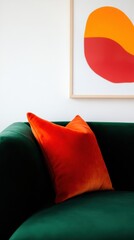 Poster - Bold Color Block Interior Vibrant Emerald Sofa with Tangerine Accent Pillow - Contemporary Minimalist Design for Urban Living Spaces and Creative Home Styling