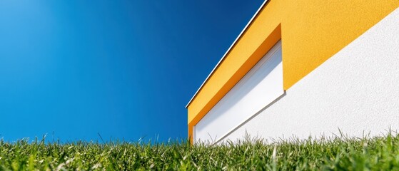 Poster - Minimalist Architectural Vision Bold Geometric Exterior Design with Vibrant Color Blocking, Sustainable Modern Living Concept in High-Definition Clarity