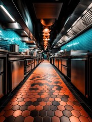 Aufkleber - Cyberpunk Commercial Kitchen Design Immersive Industrial Workflow Visualization with High-Performance Stainless Steel Workspace and Avant-Garde Hexagonal Flooring - Future of Culinary Operations