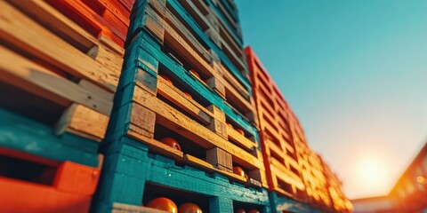 Aufkleber - Golden Hour Urban Architecture Vibrant Geometric Apartment Complex with Sunset Warmth - Modern Minimalist Design Meets Sustainable City Living Aesthetic