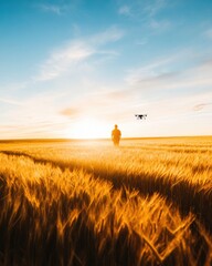 Leinwandbilder - Future of Farming Mid-Career Asian Agritech Pioneer Leveraging Drone Technology for Precision Agriculture at Golden Sunset - Sustainable Innovation Meets Tradition